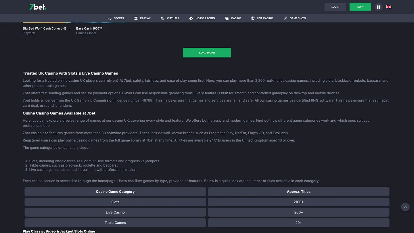 7bet Casino UK — Payment methods and licensing