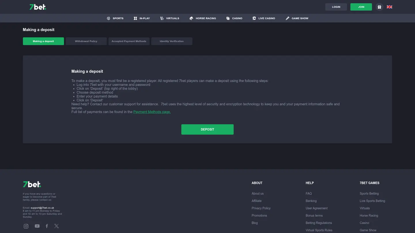 7bet Casino UK — Deposit methods