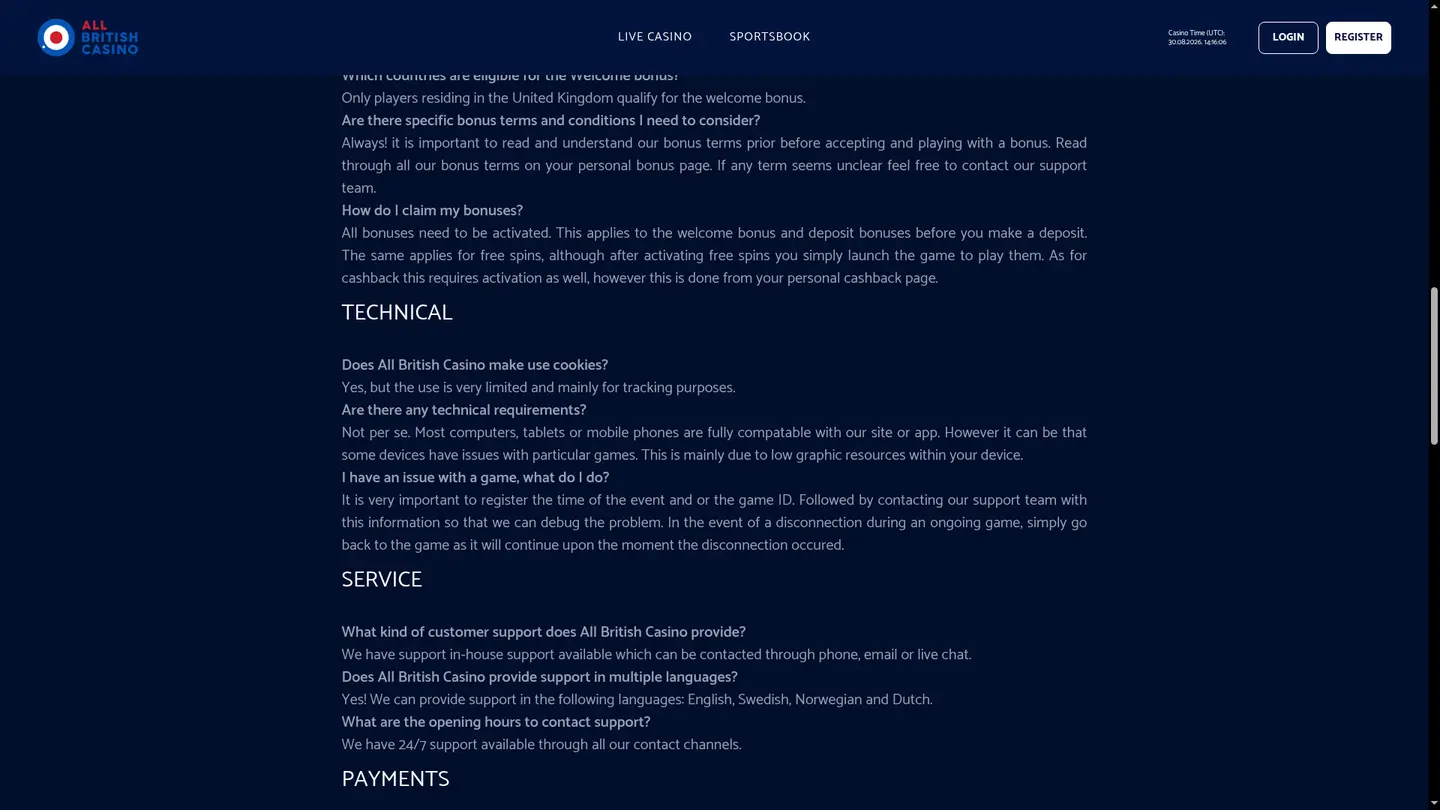 All British Casino — Support in detail