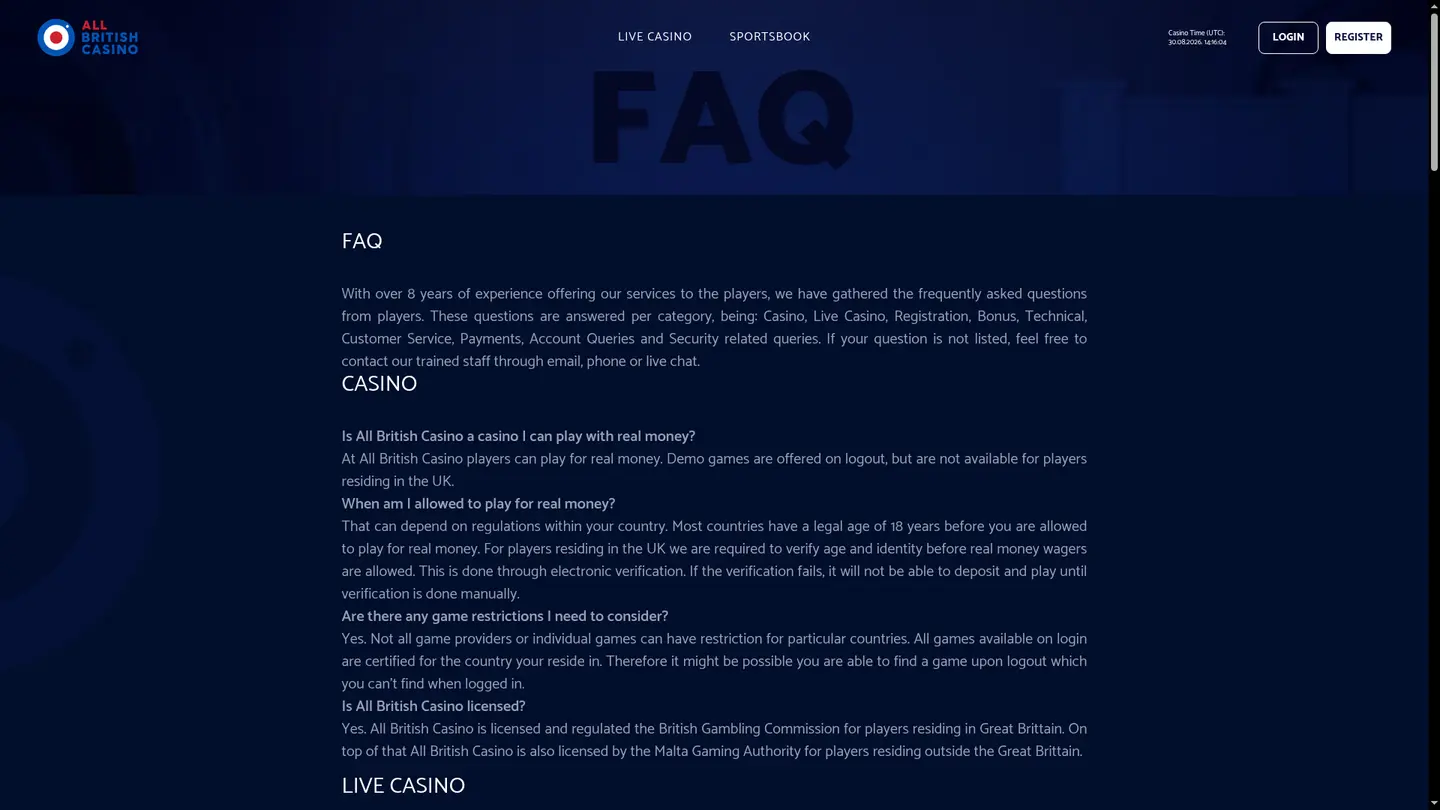 All British Casino — Support and licensing