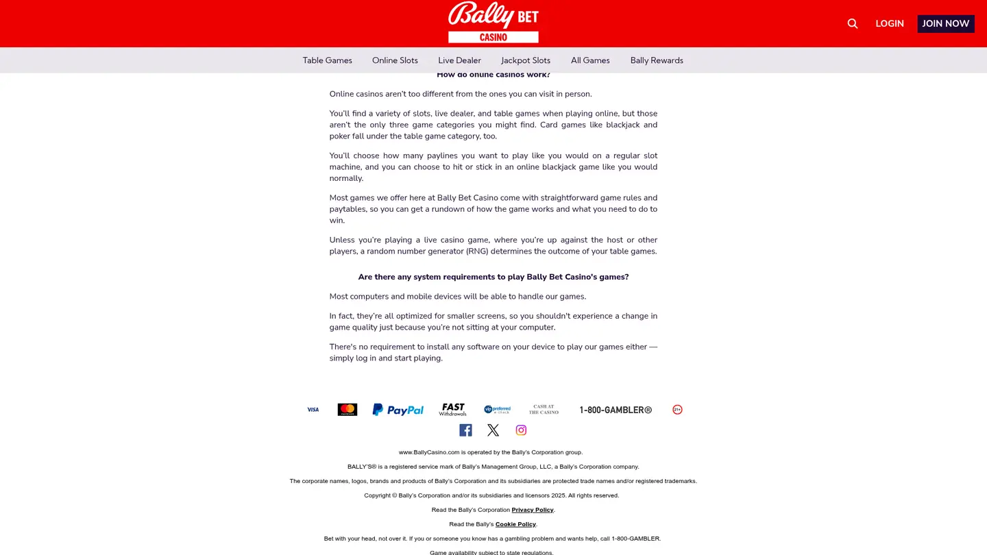 Bally Casino PA — Payment methods and licensing