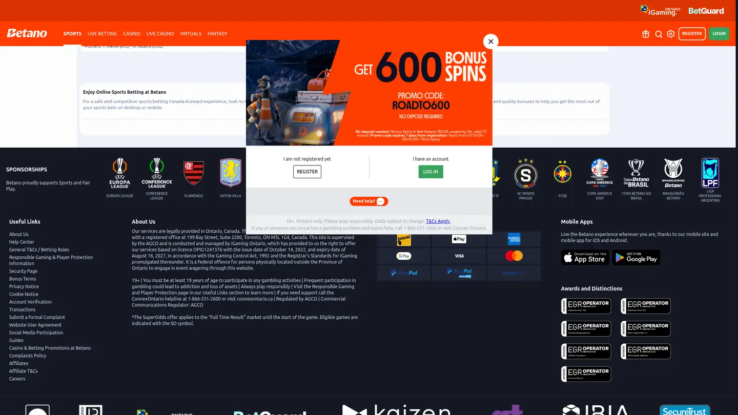 Betano Casino Ontario — Payment methods and licensing
