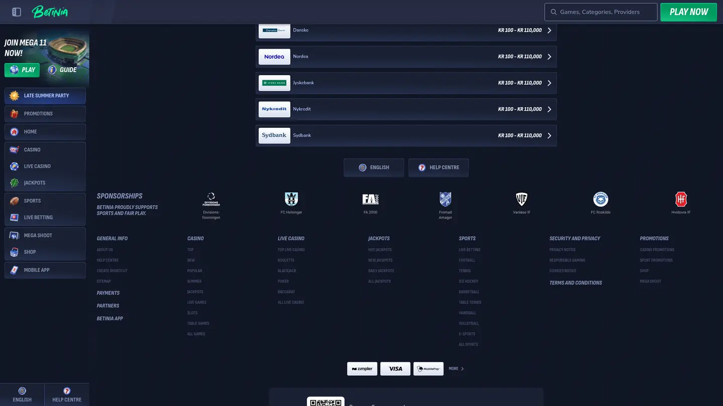 Betinia Casino DK — Deposit methods