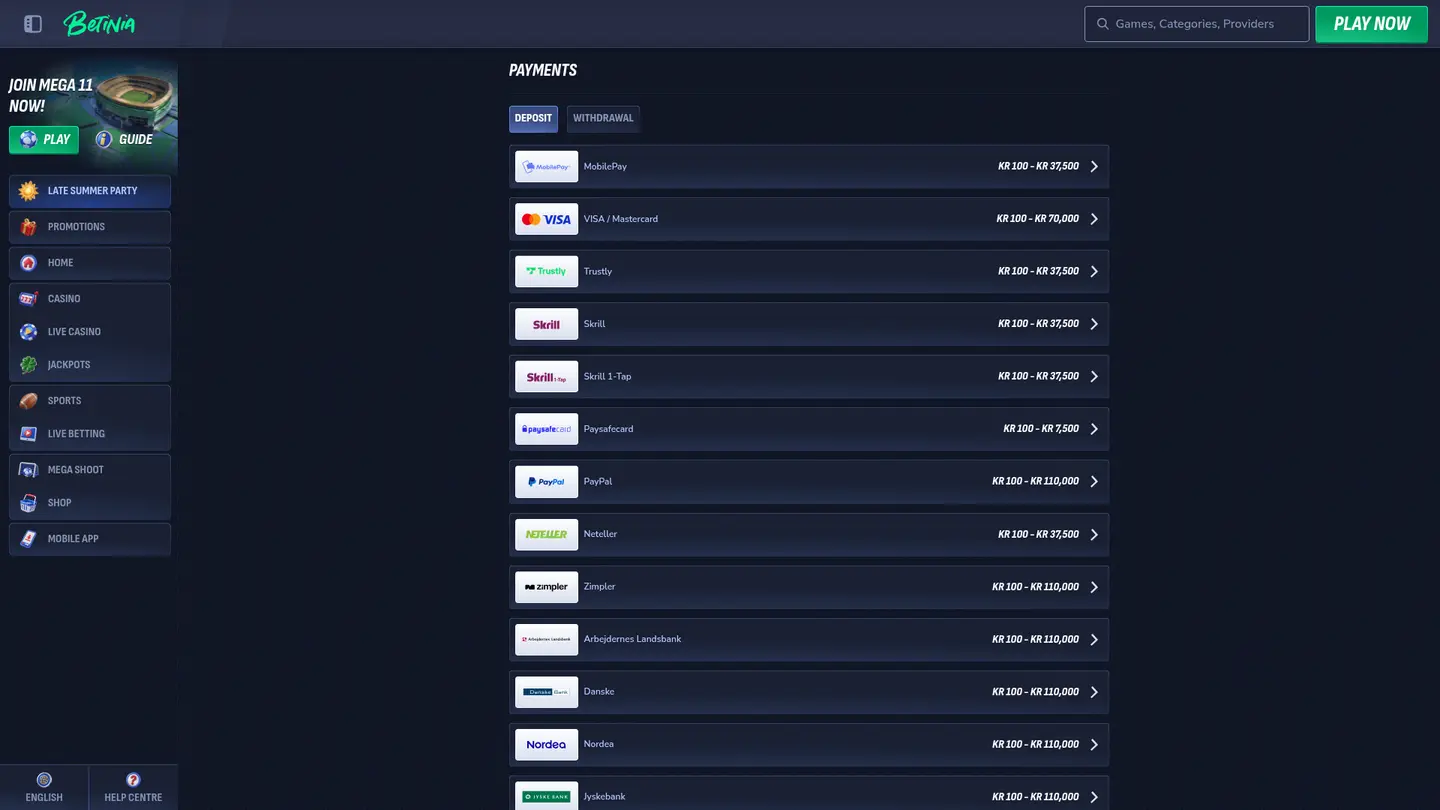 Betinia Casino DK — Banking