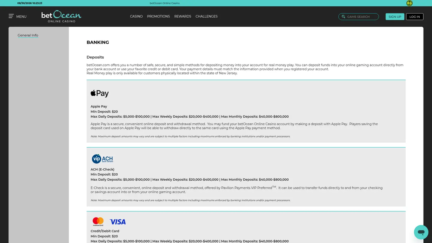 betOcean Online Casino — Banking