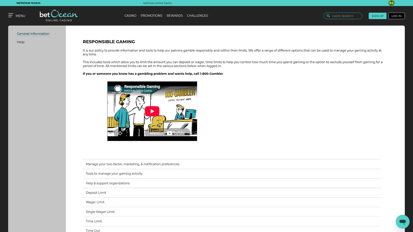 betOcean Online Casino — Support and licensing