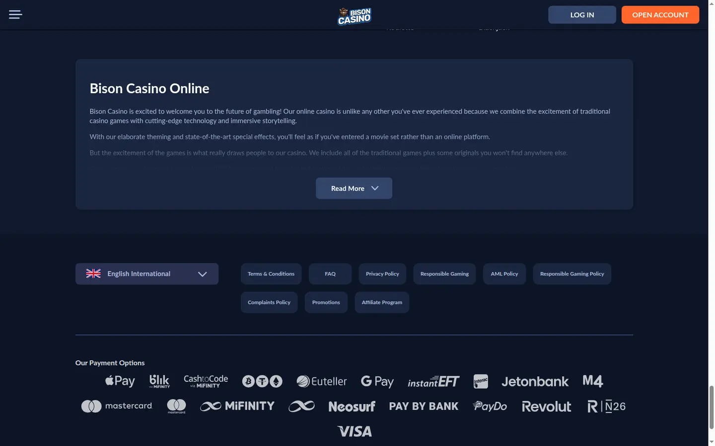 Bison Casino — Payment methods and licensing