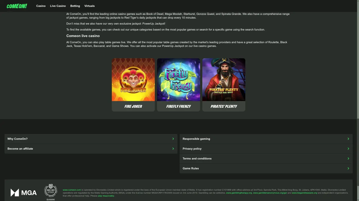 ComeOn! Casino NL — Payment methods and licensing