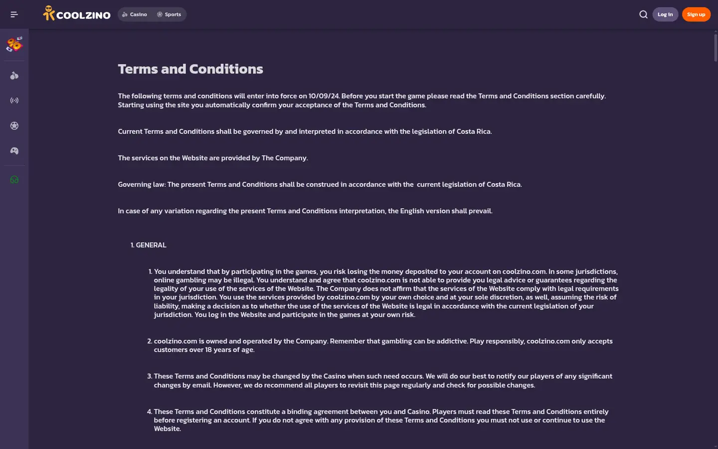 Coolzino Casino — Terms in detail