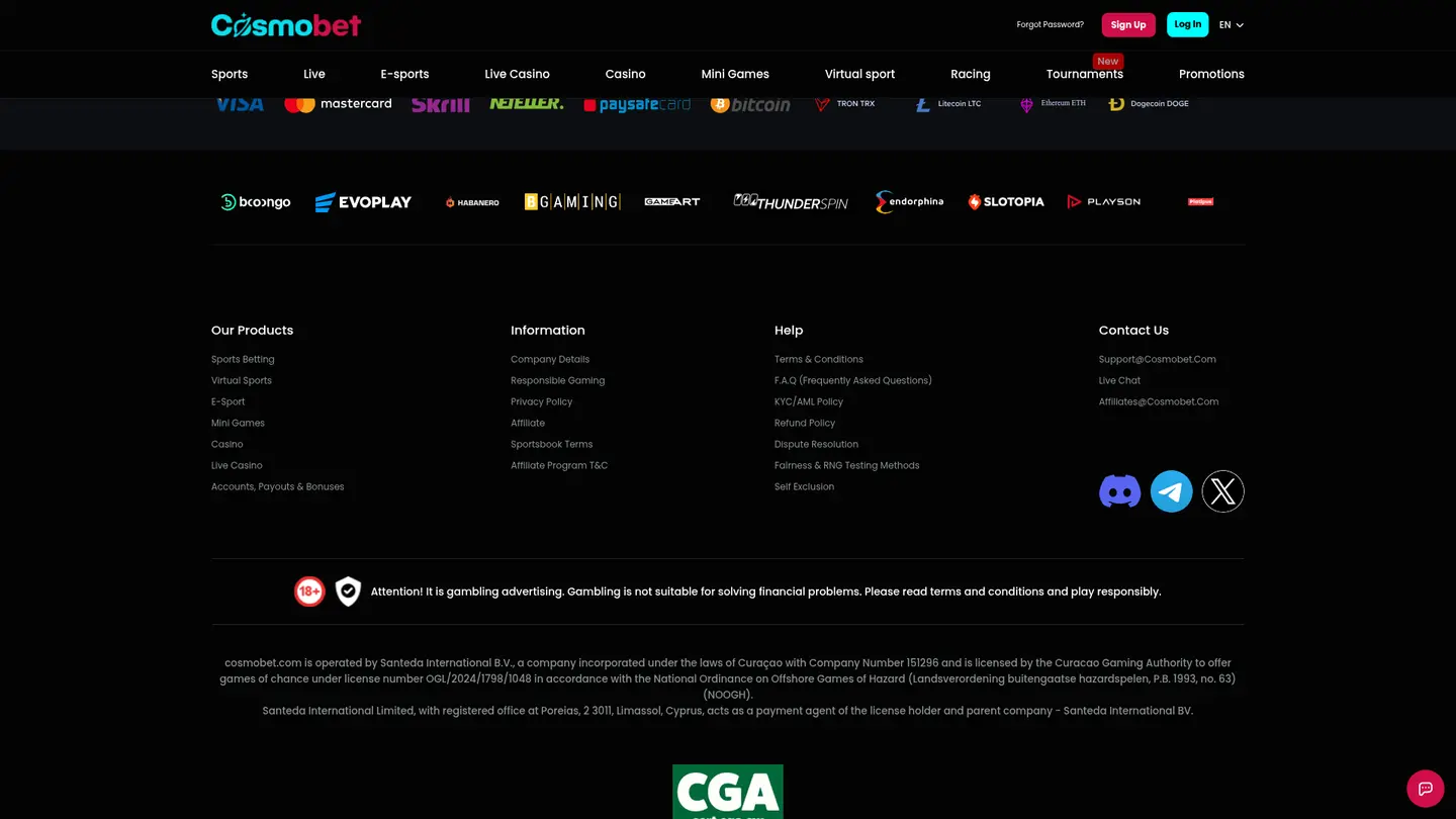Cosmobet Casino — Payment methods and licensing