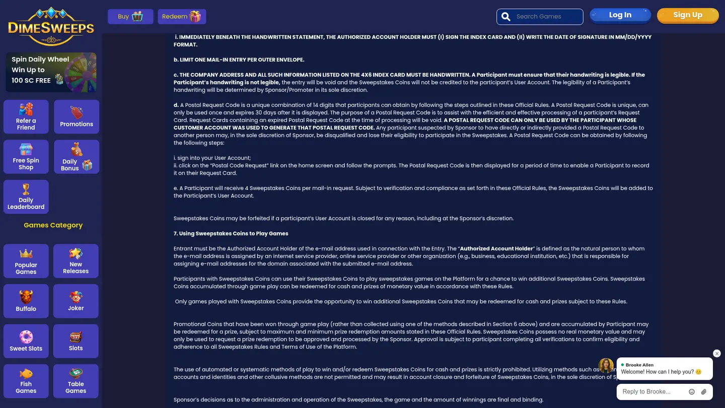 Dime Sweeps Casino — Terms in detail