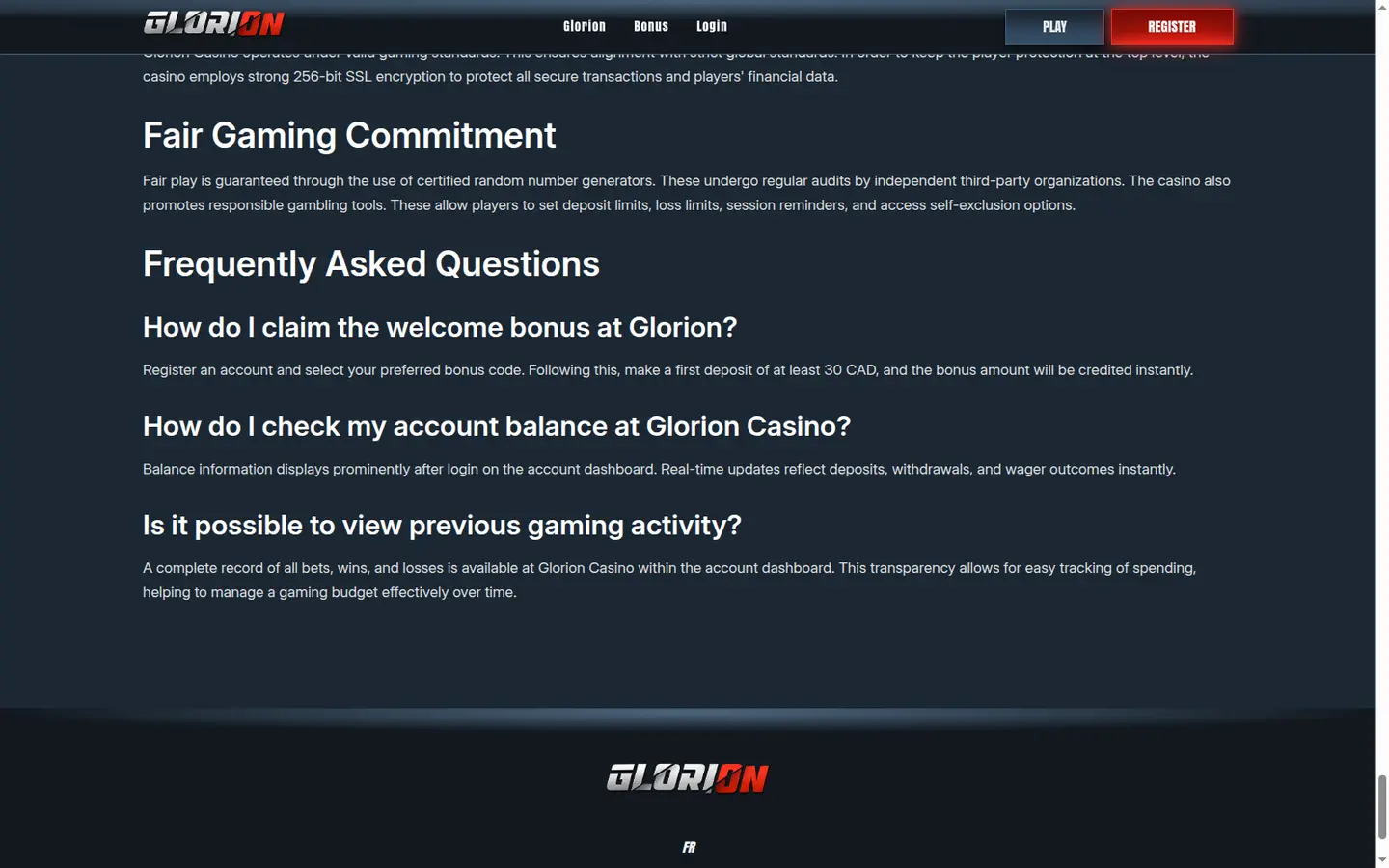Glorion Casino — Payment methods and licensing