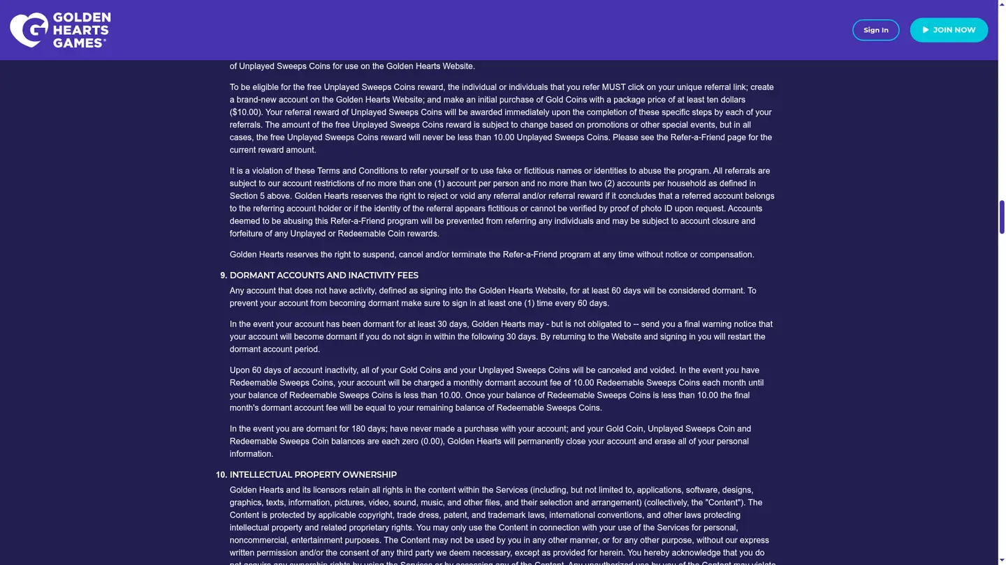Golden Hearts Games Casino — Terms in detail