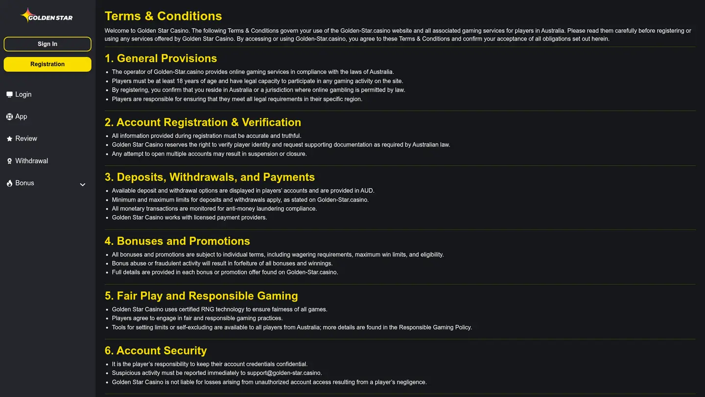 Golden Star Casino — Withdrawal terms