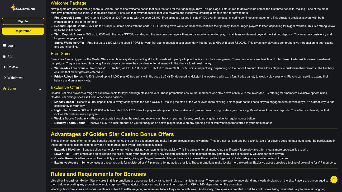 Golden Star Casino — Offers in detail