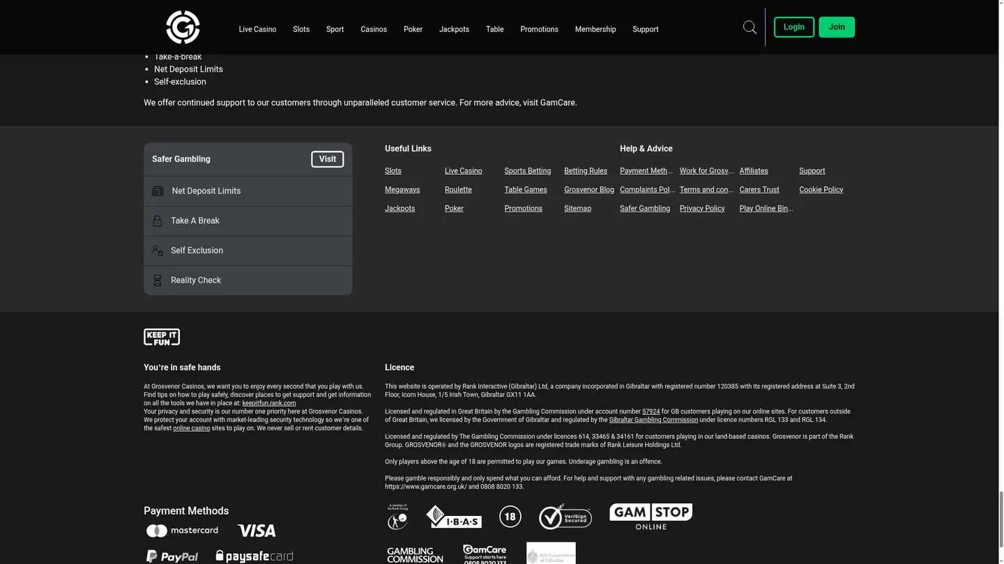 Grosvenor Casinos — Payment methods and licensing