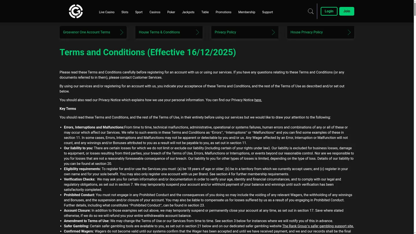 Grosvenor Casinos — Withdrawal terms