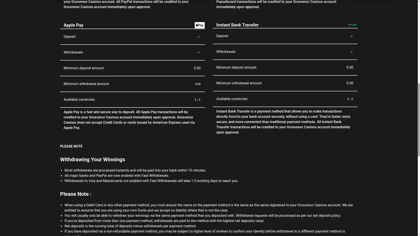 Grosvenor Casinos — Deposit methods