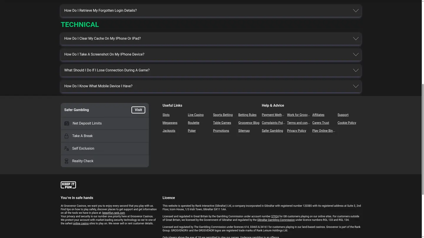 Grosvenor Casinos — Support in detail