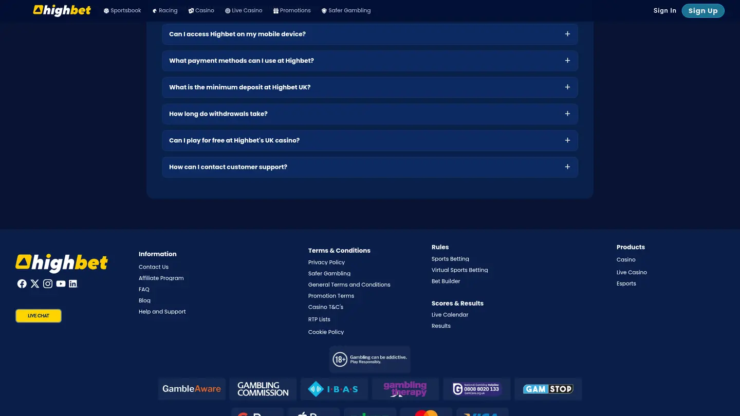 Highbet Casino UK — Payment methods and licensing