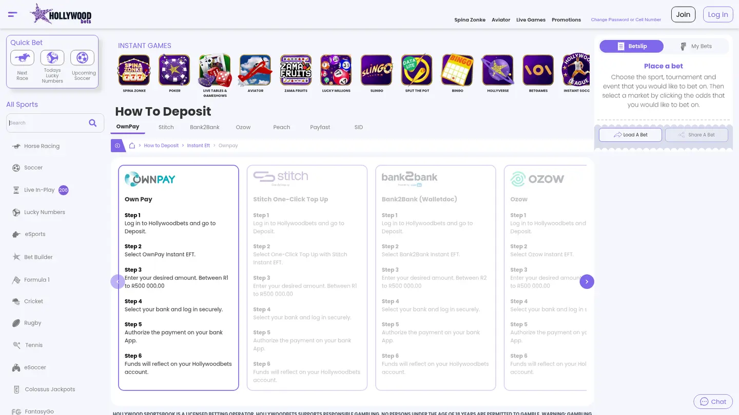 Hollywoodbets Casino UK — Deposit methods