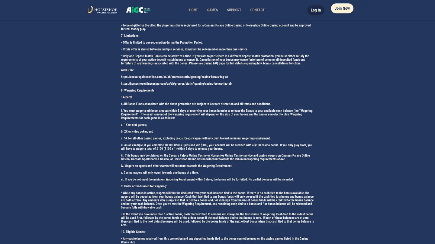 Horseshoe Casino — Terms in detail