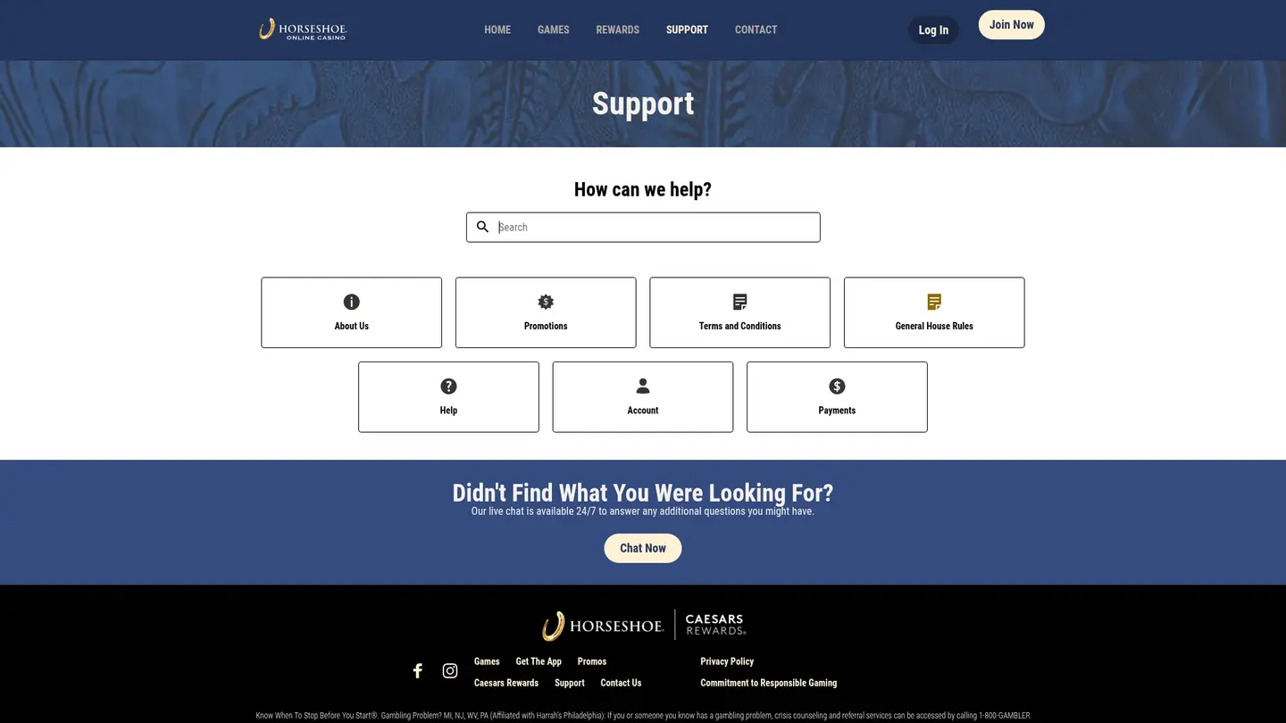 Horseshoe Casino — Support and licensing