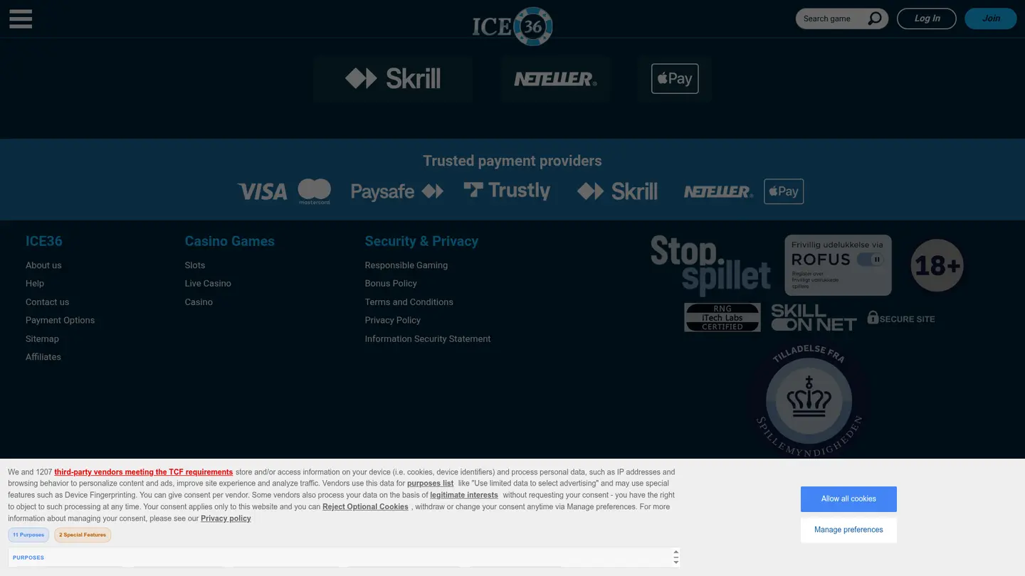 ICE36 Casino DK — Deposit methods