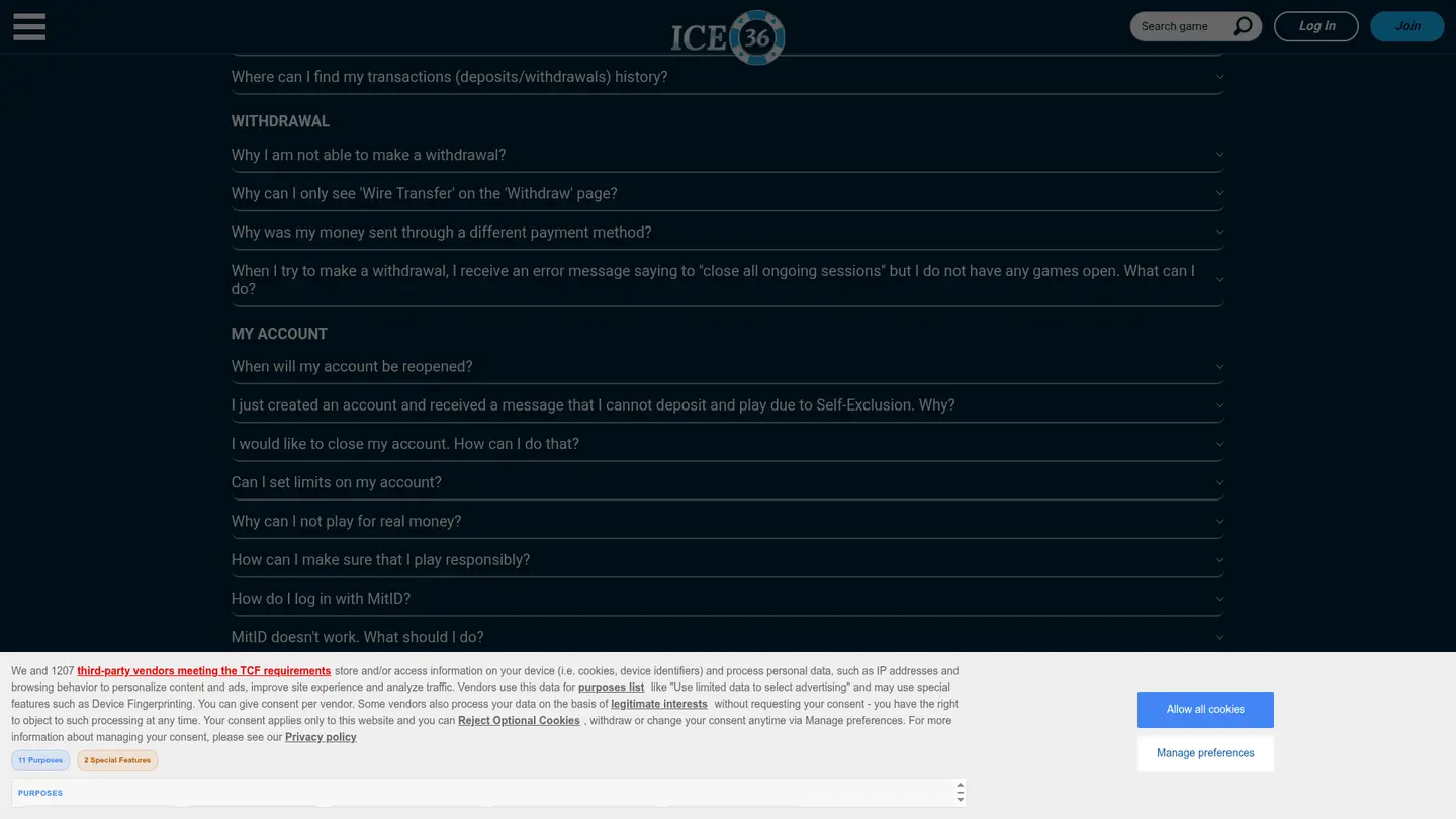 ICE36 Casino DK — Support in detail