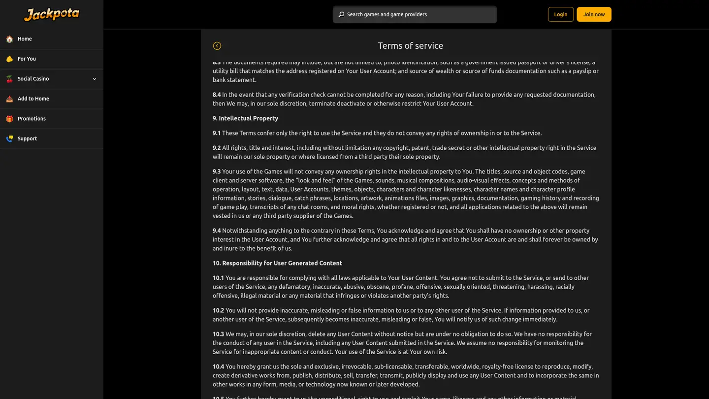 Jackpota Casino — Terms in detail