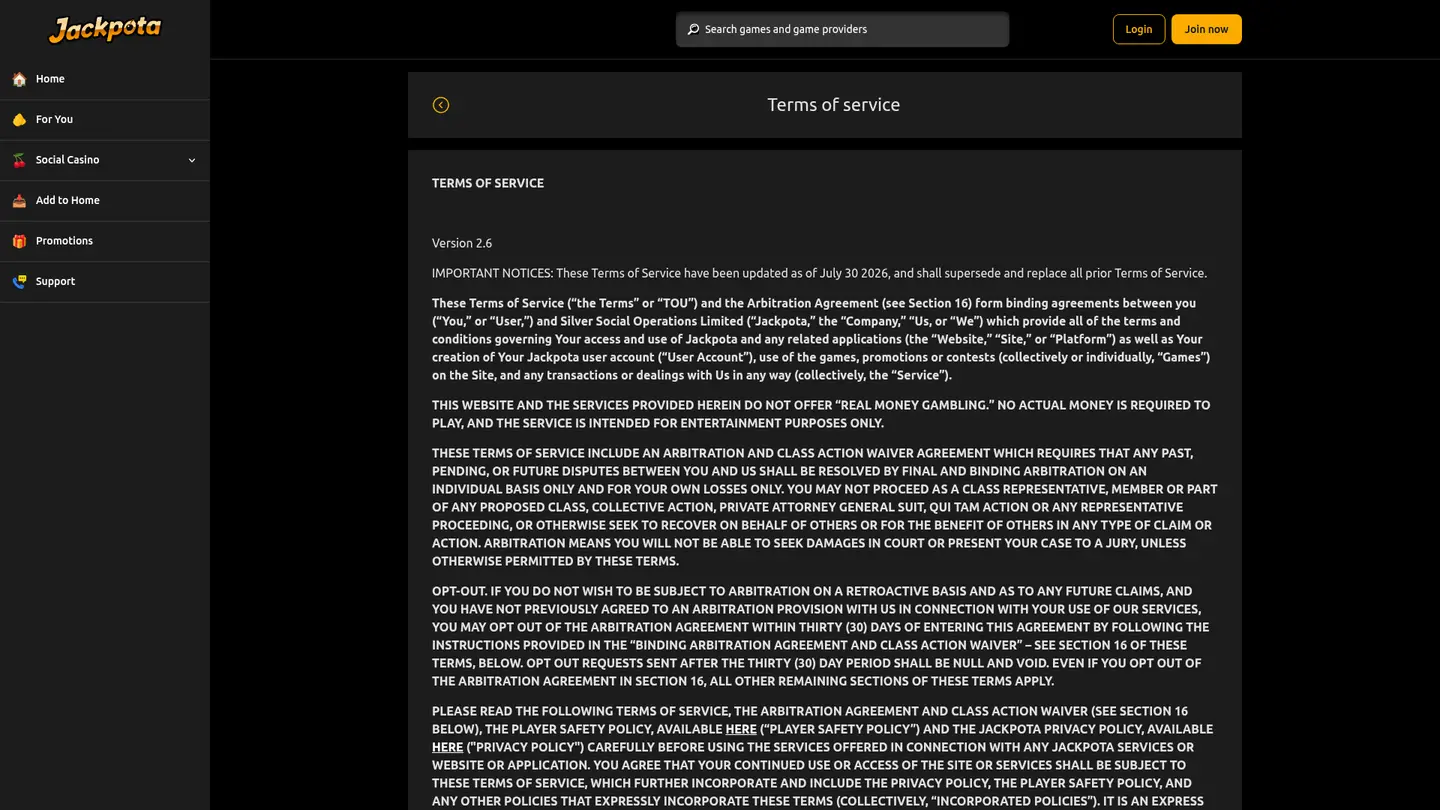 Jackpota Casino — Withdrawal terms