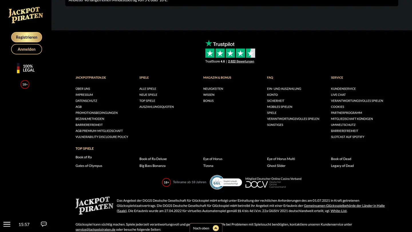JackpotPiraten Casino — Payment methods and licensing
