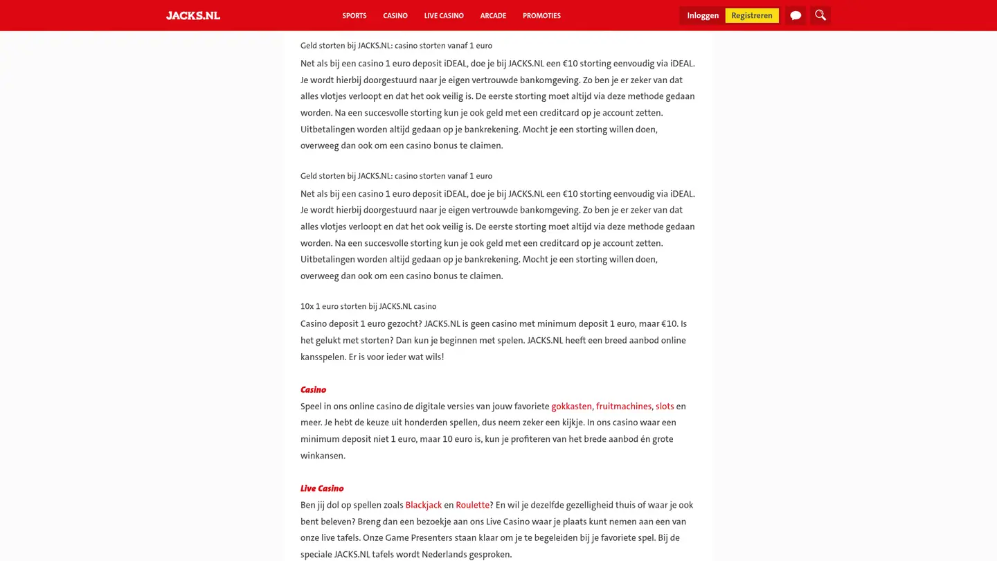 Jacks.nl Casino — Deposit methods