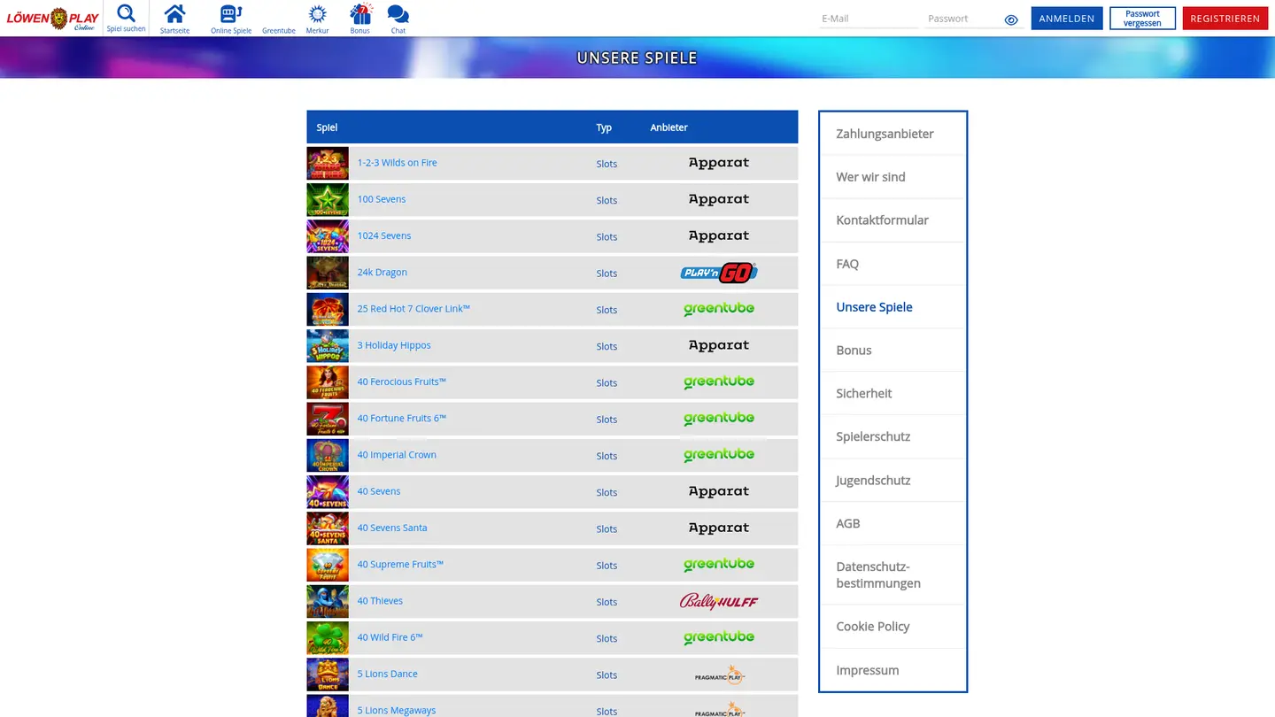 Löwen Play Casino — Game lobby