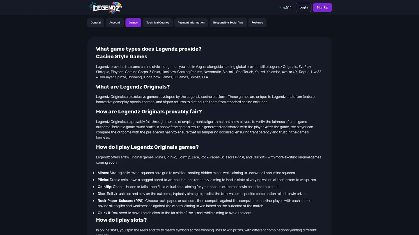 Legendz Casino — Game lobby