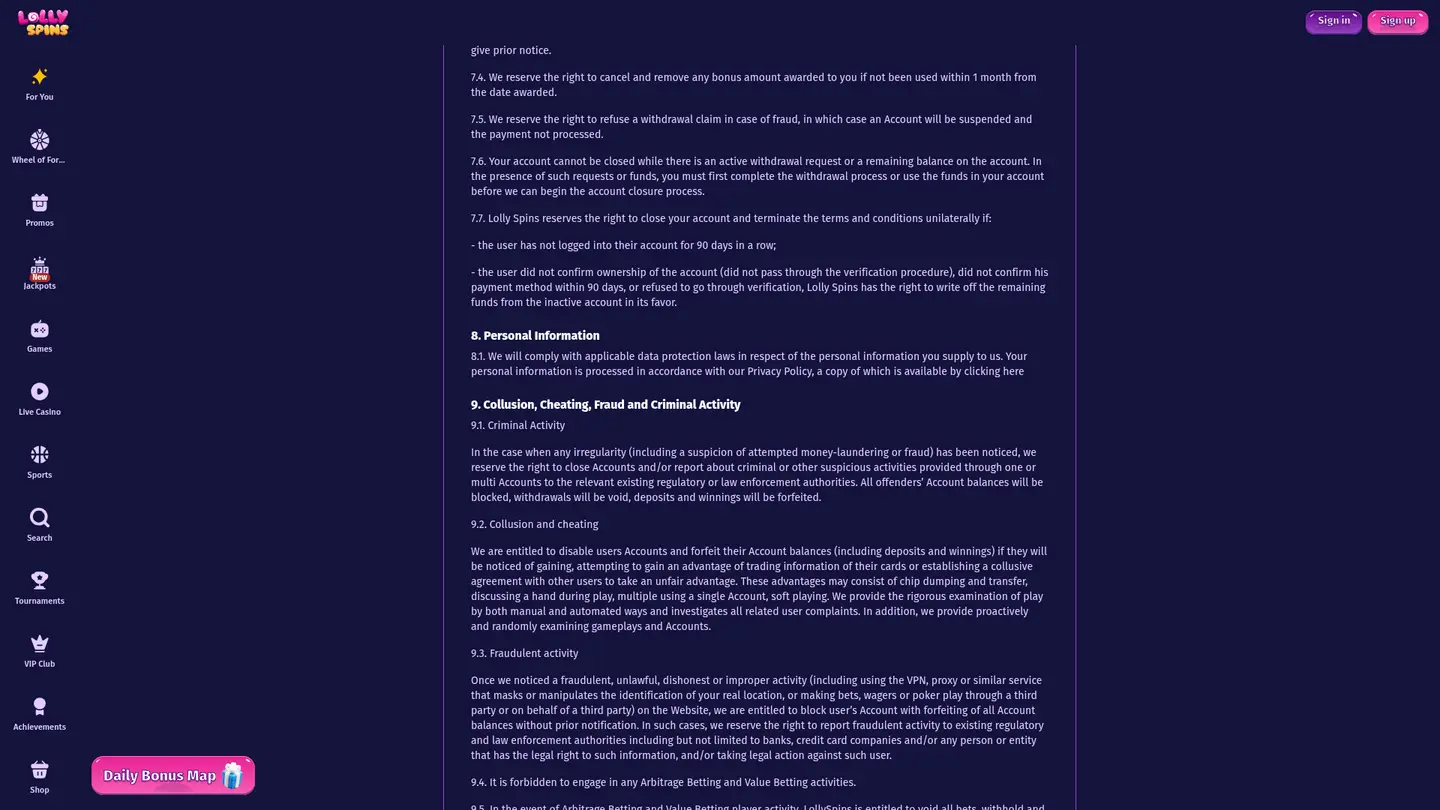 Lolly Spins Casino — Terms in detail