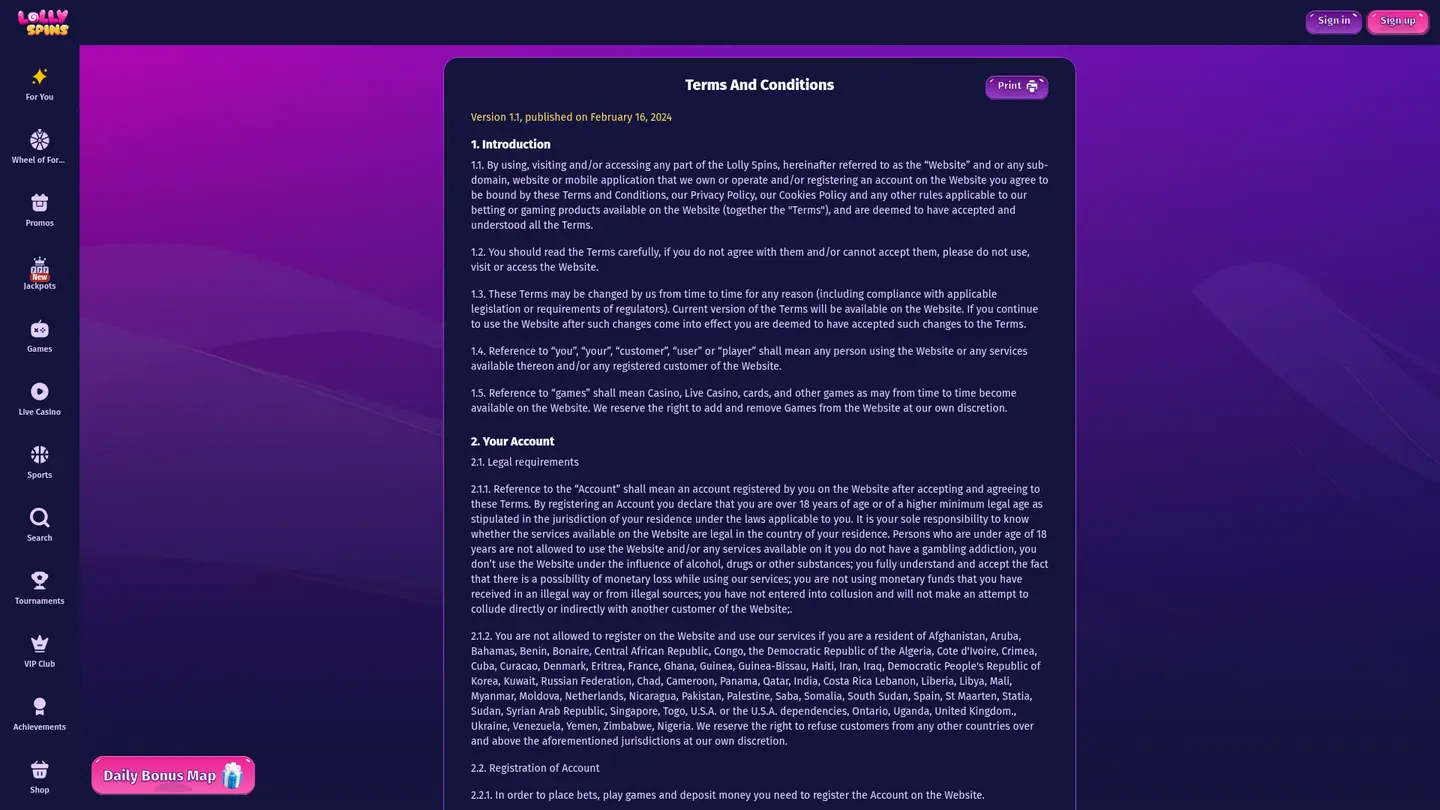 Lolly Spins Casino — Withdrawal terms