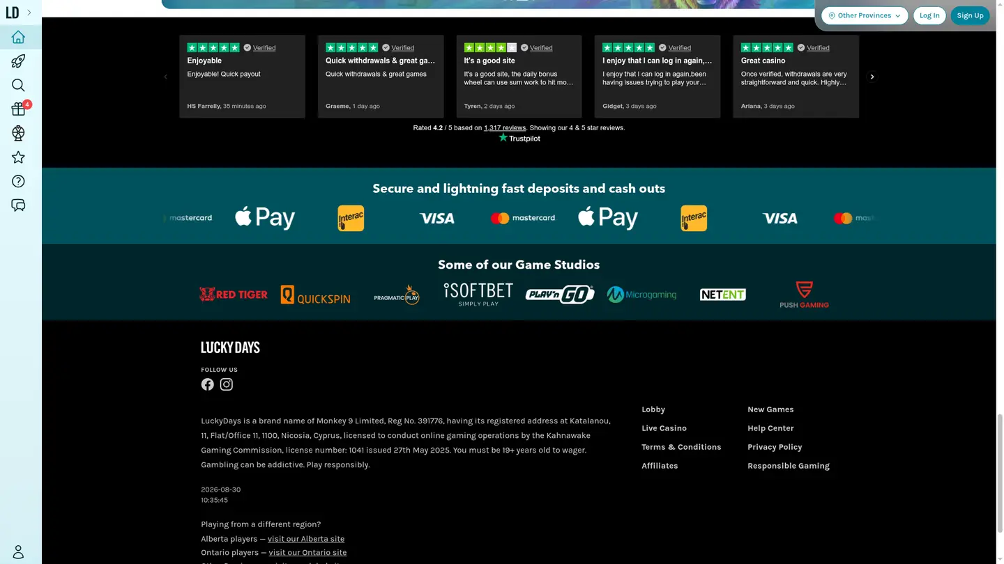 Lucky Days Casino Ontario — Payment methods and licensing