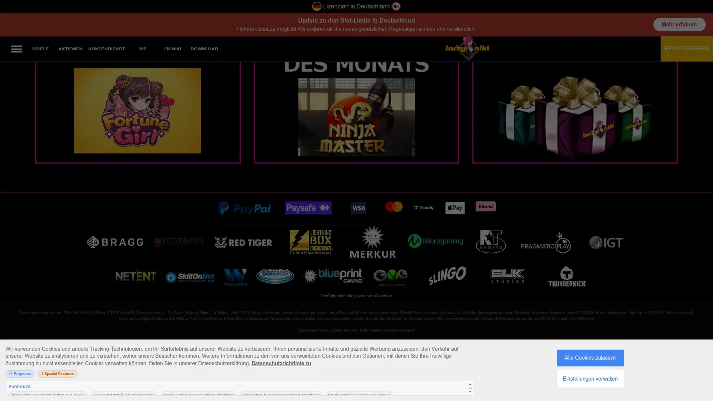 LuckyNiki Casino DE — Payment methods and licensing
