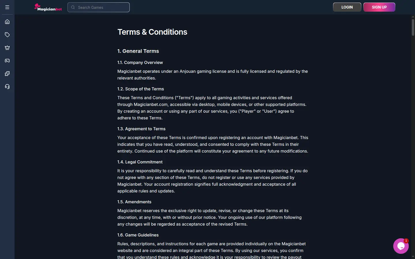 Magicianbet Casino — Terms in detail