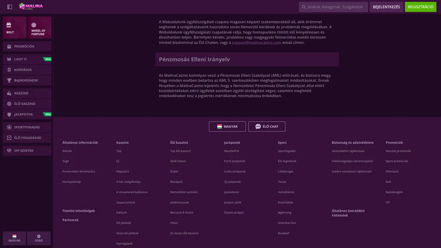 Malina Casino — Support in detail