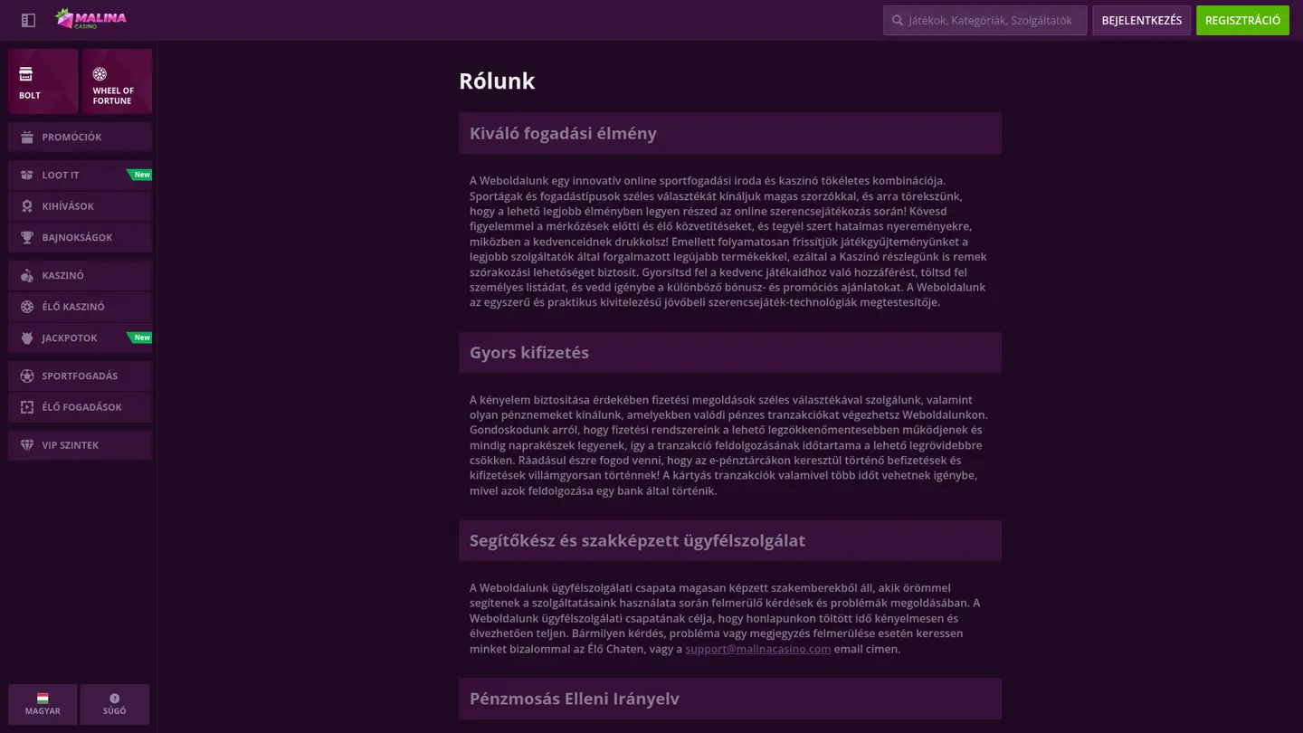 Malina Casino — Support and licensing