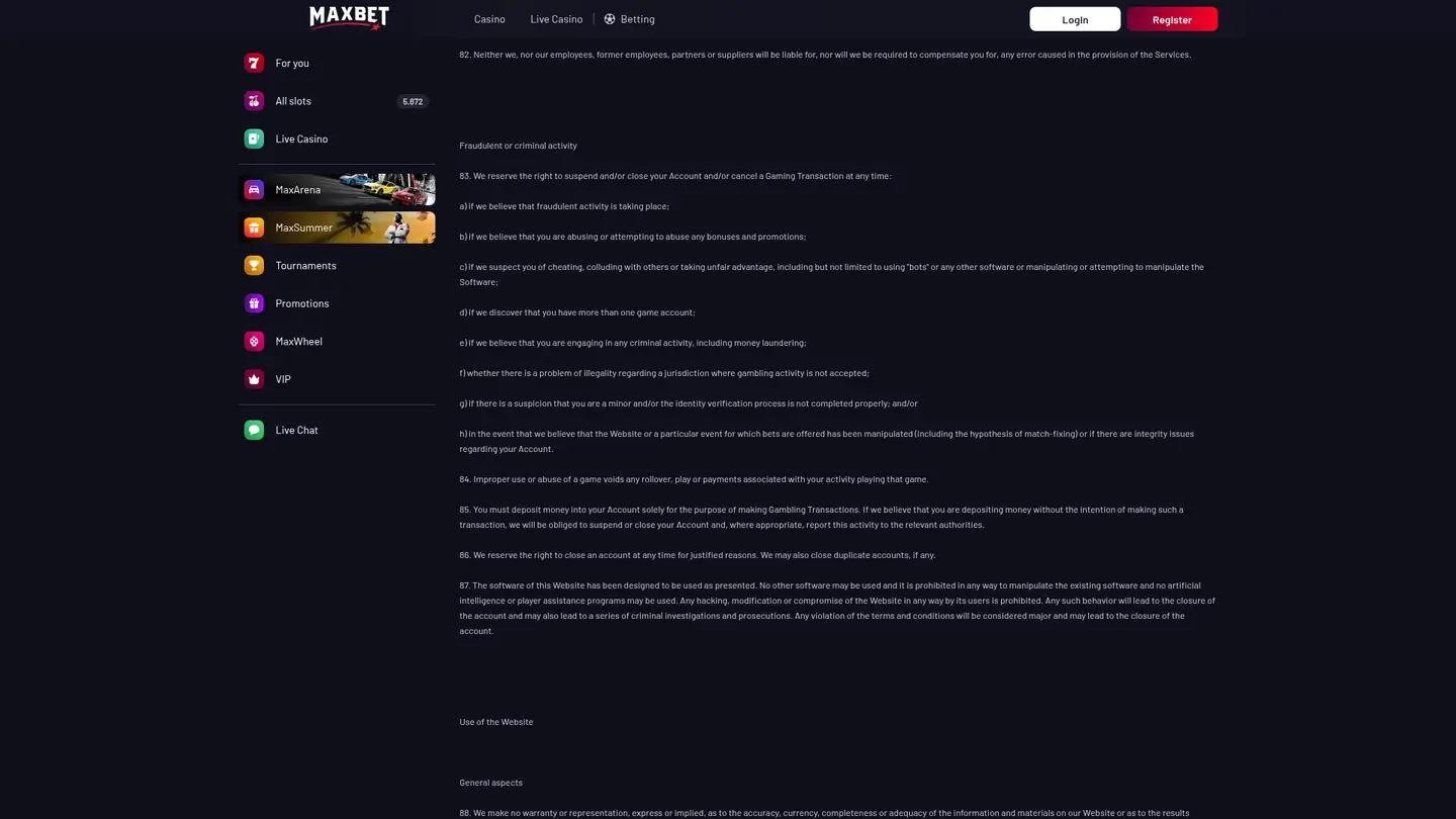 MaxBet Casino — Terms in detail