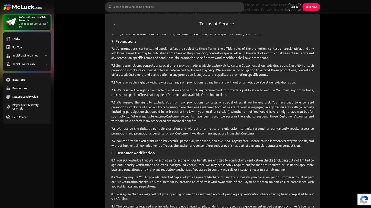 McLuck Casino — Terms in detail