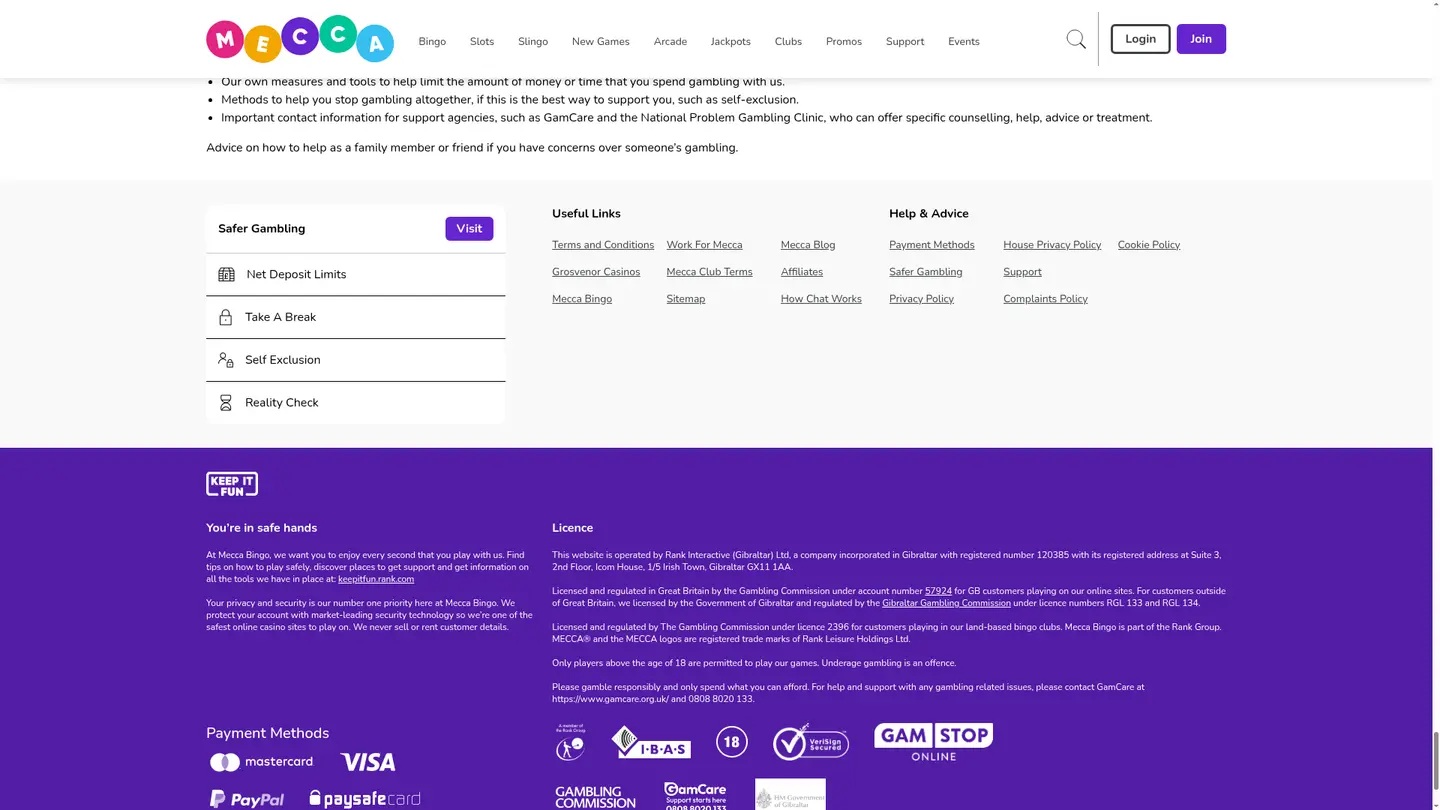 Mecca Bingo Casino — Payment methods and licensing