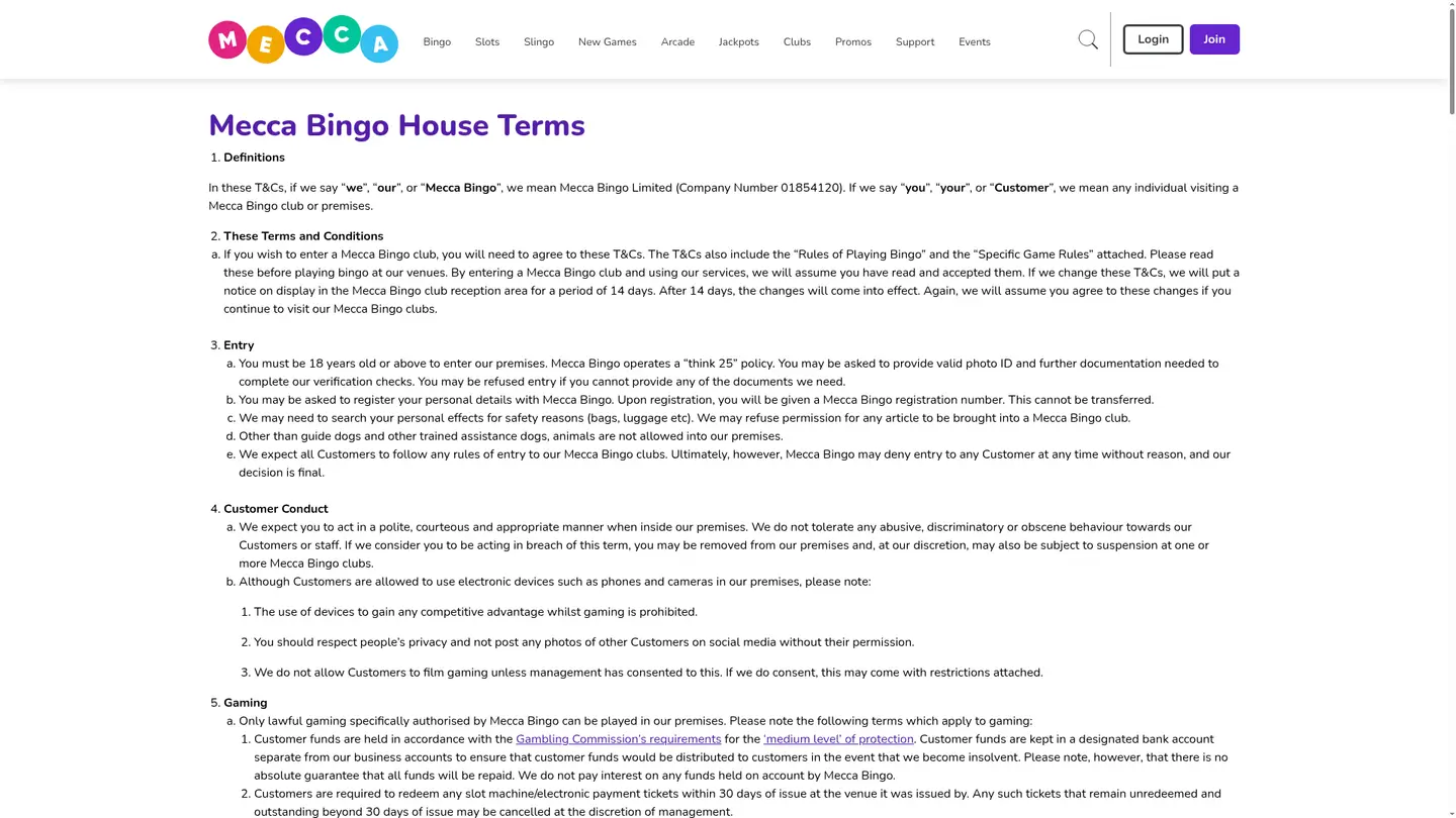 Mecca Bingo Casino — Withdrawal terms