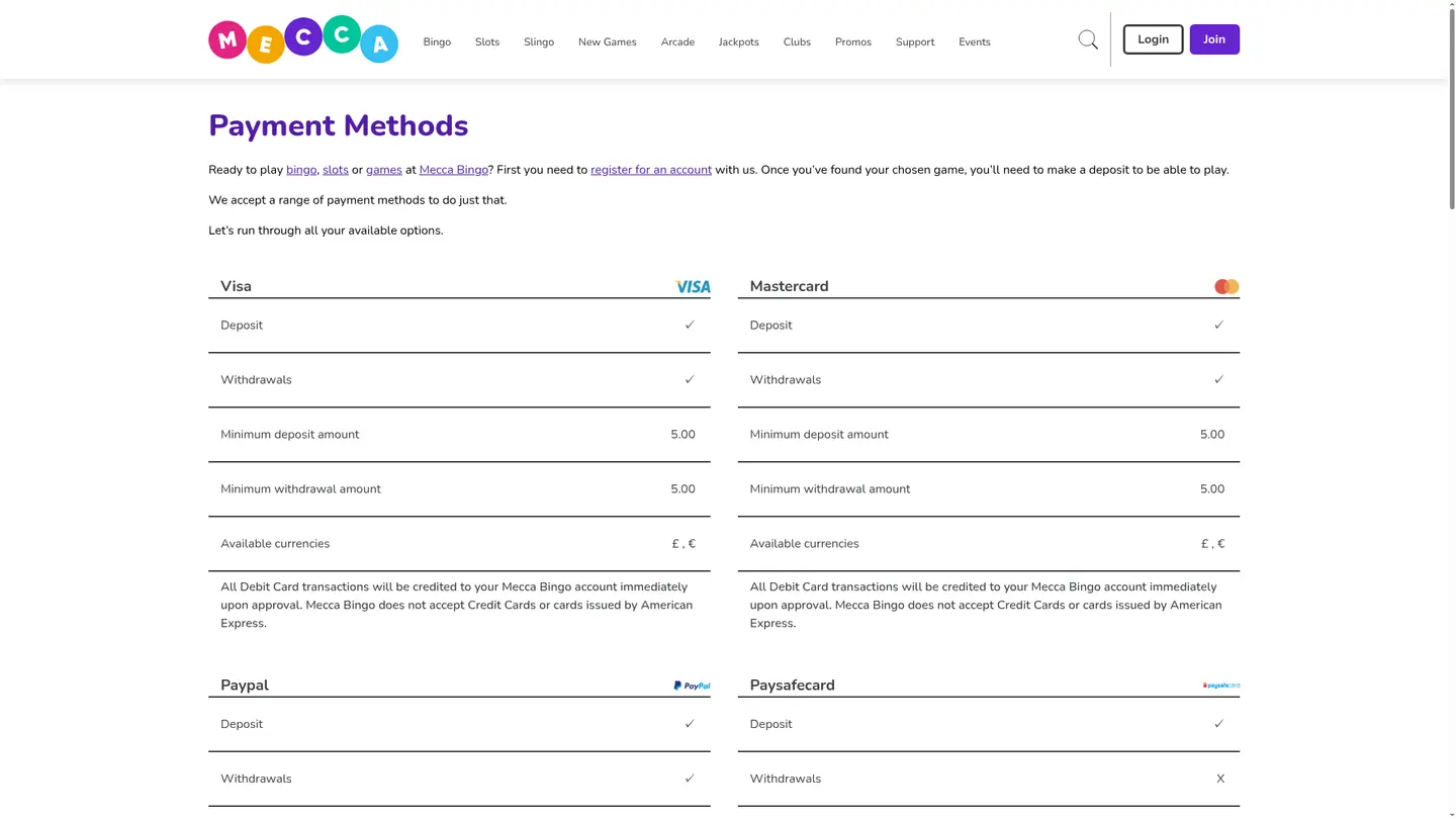 Mecca Bingo Casino — Banking