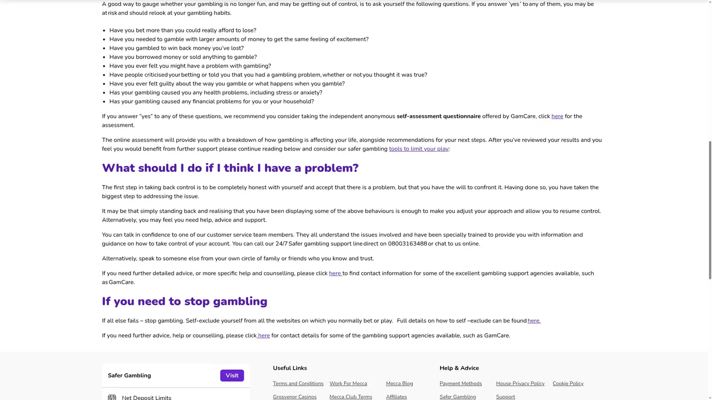 Mecca Bingo Casino — Support in detail