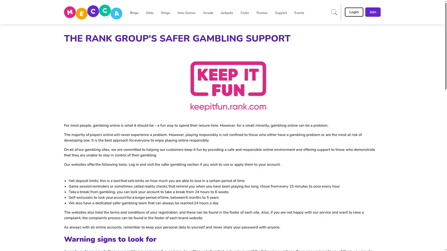 Mecca Bingo Casino — Support and licensing