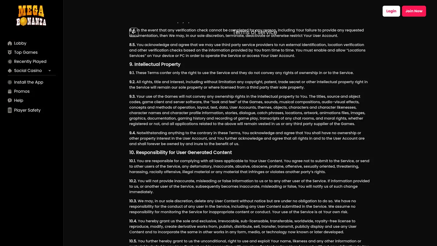Mega Bonanza Casino — Terms in detail